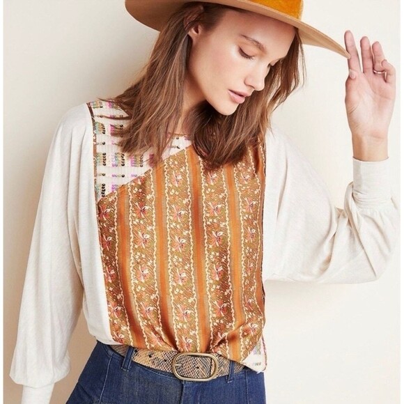 Anthropologie TINY Beige Sammi Sequin Floral Dolman Sleeve Boho Top/Blouse Med - Picture 1 of 10